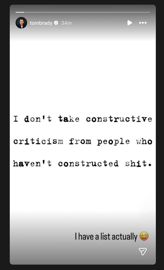 Tom Brady drops 5-word message clapping back at critics 'who haven't constructed shit (Image via Instagram/@tombrady)