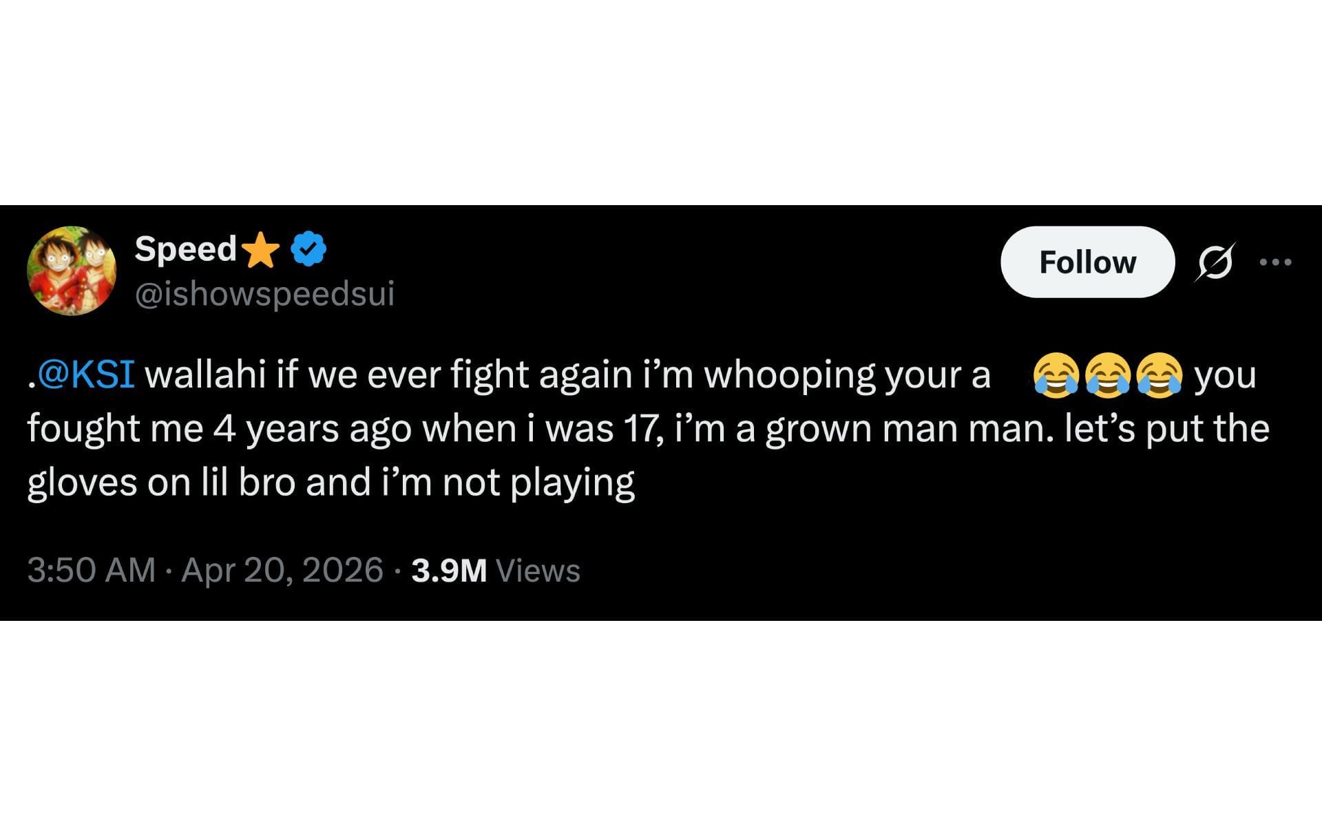 IShowSpeed responds to KSI's social media post mentioned above (Image via X/@ishowspeedsui)