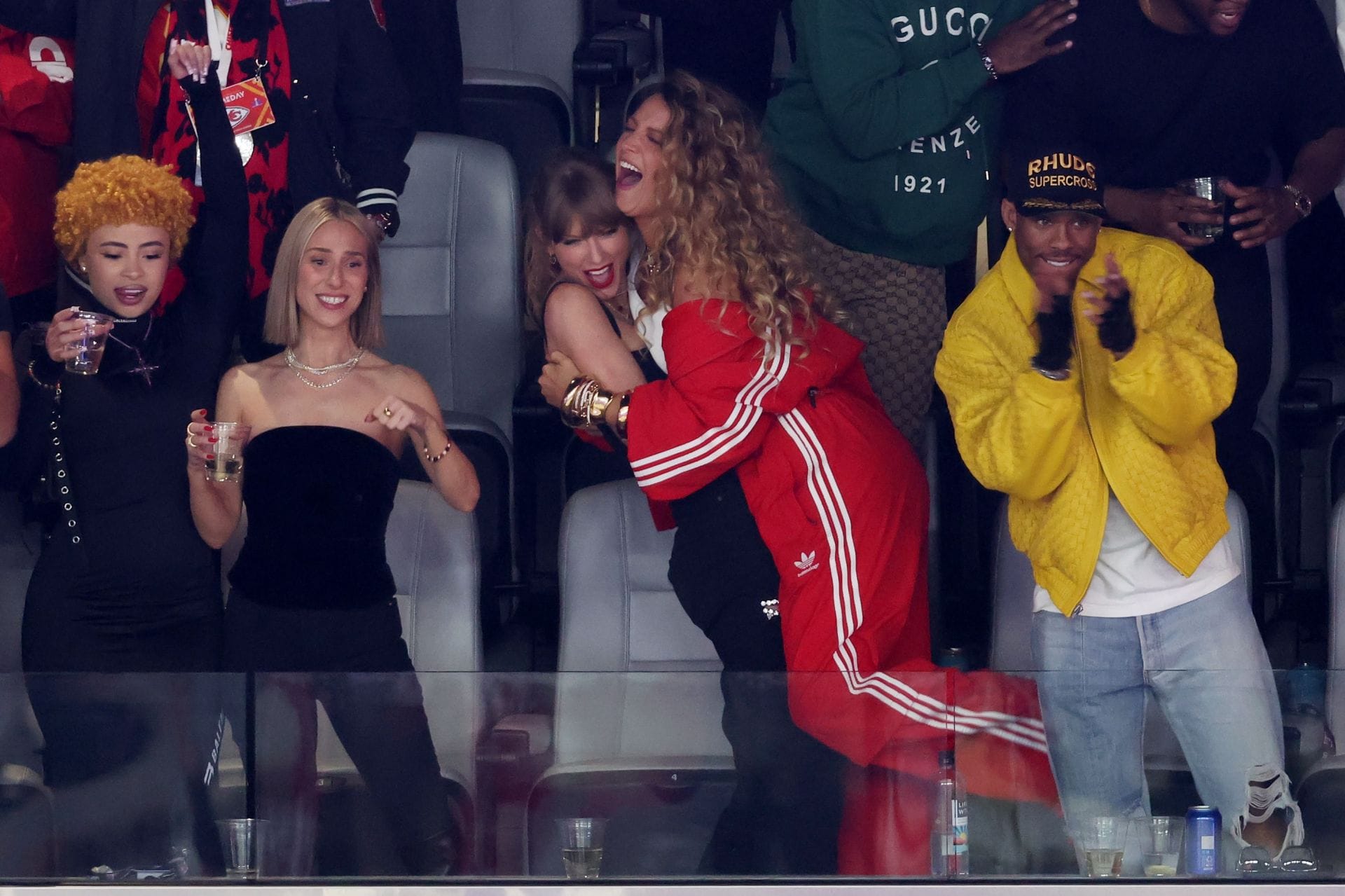 Rapper Ice Spice, Donna Kelce, singer Taylor Swift and actress Blake Lively react in the second quarter of Super Bowl LVIII between the San Francisco 49ers and Kansas City Chiefs at Allegiant Stadium on February 11, 2024 in Las Vegas, Nevada. (Source: Getty)