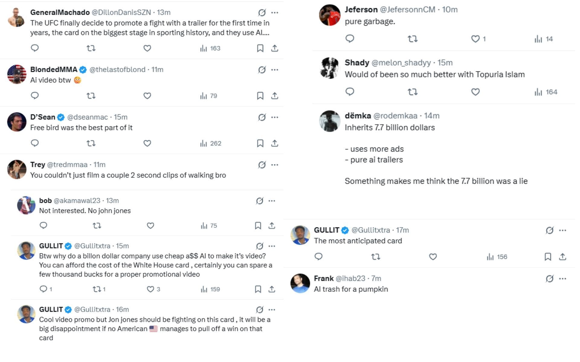 Fans criticize UFC White House promo and call out heavy AI use. (Screenshots courtesy: @ChampRDS on X)