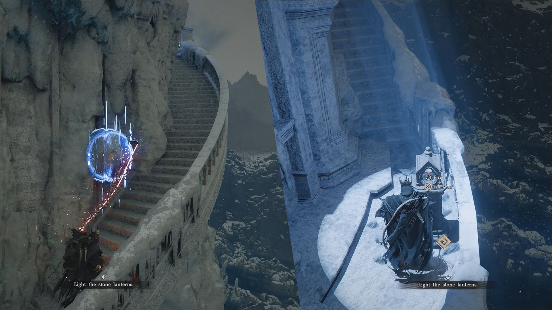 The third stone lantern is up the stairs outside the tower, just past the Abyss Cell (Image via Pearl Abyss)