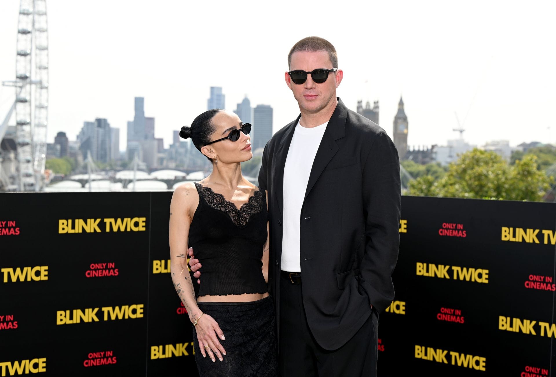 Zoe Kravitz and Channing Tatum attend the photocall of "Blink Twice" at IET London on August 18, 2024, in London, England. (Source: Getty)