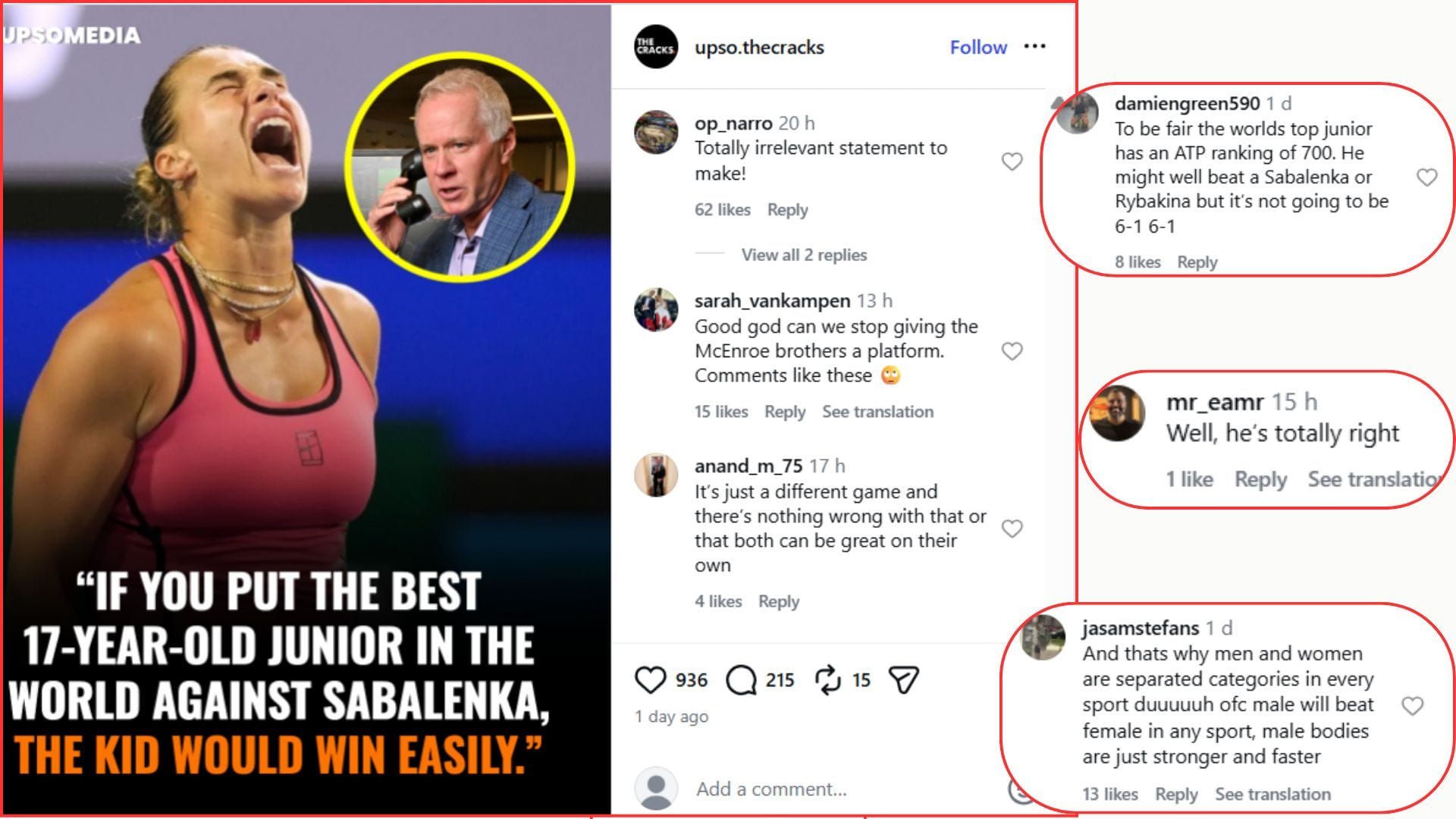 Fan comments to Patrick McEnroe's comments about Aryna Sabalenka (Image via Instagram/@upso.thecracks)