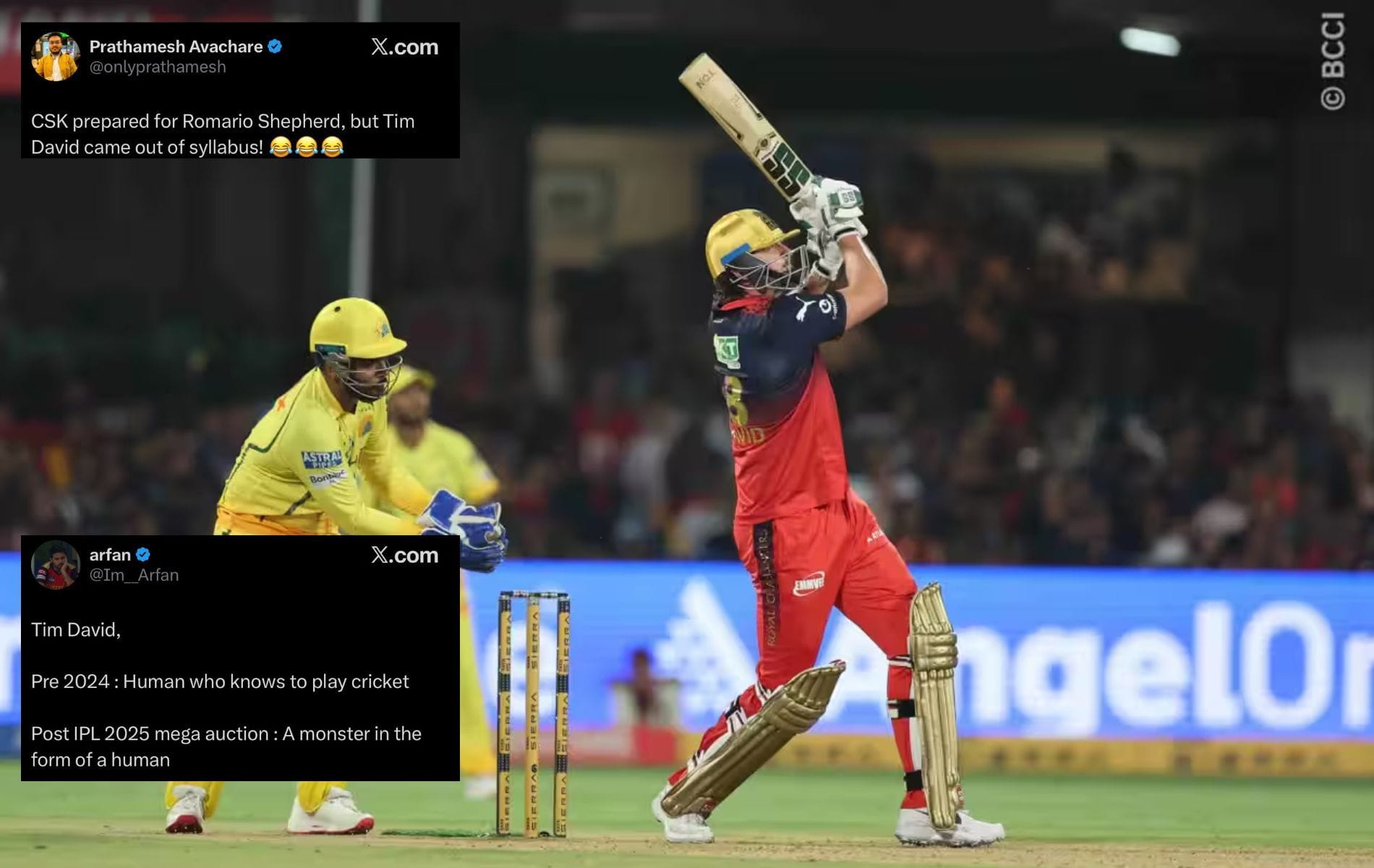 "A monster in the form of a human" - Fans react to Tim David's blistering 70* off 25 in RCB vs CSK IPL 2026 clash 