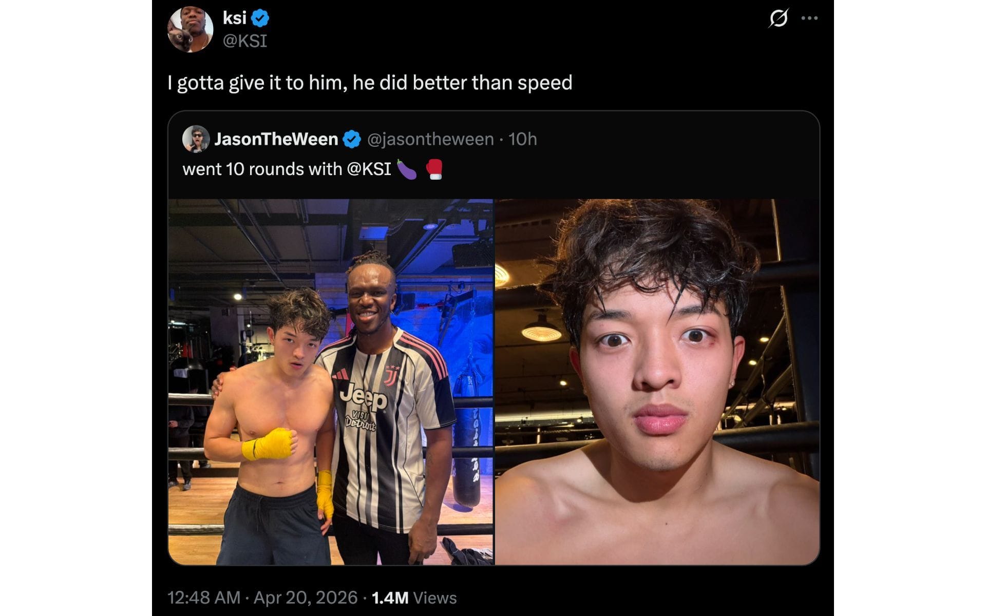 KSI quote-tweets Jasontheween's post and says the Twitch streamer is a better boxer than IShowSpeed (Image via X)