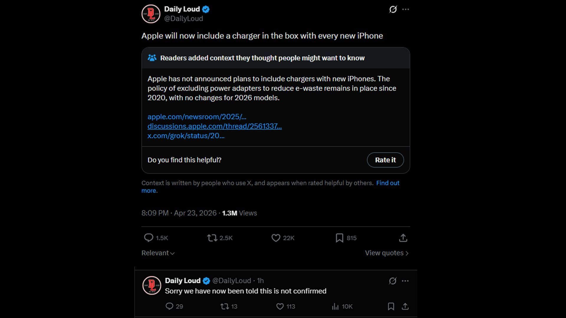 DailyLoud's posts on Apple adding a charger back into the iPhone box. (Image via x.com/dailyloud)