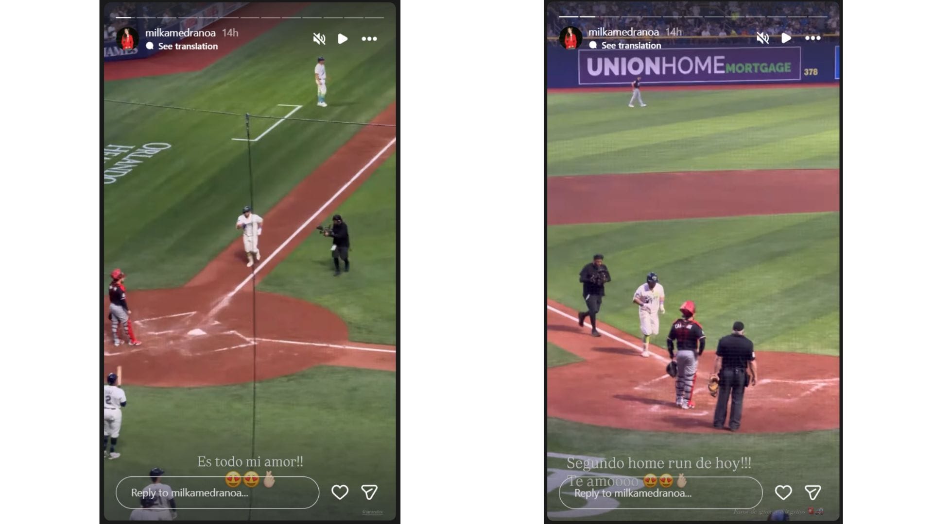 Milka Medrano captured her husband, Jonathan Aranda, rounding the bases after hitting twin solo home runs against the Twins (Image via Instagram/@milkamedranoa)
