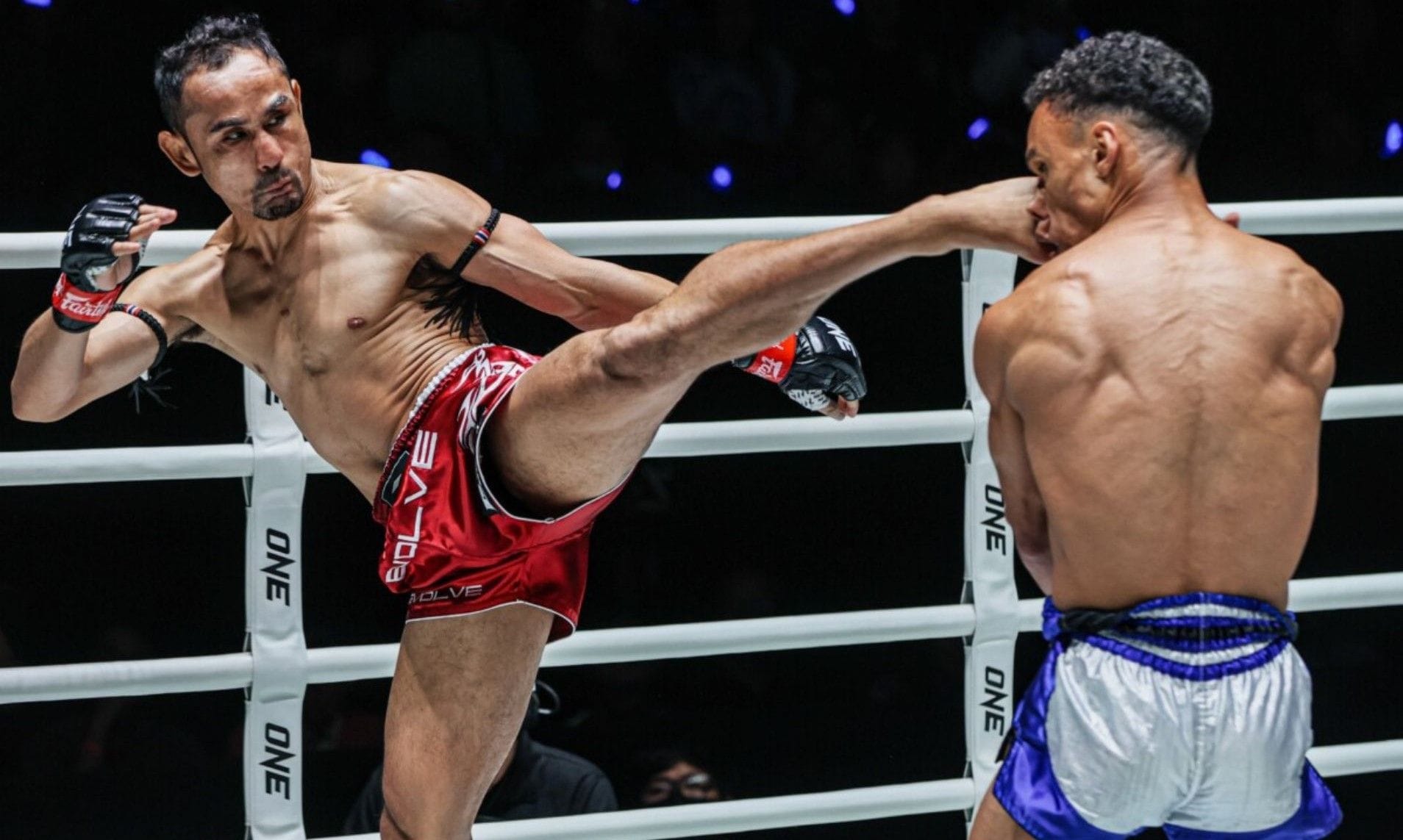 Sam-A drops Elmehdi El Jamari with a leg kick at ONE Fight Night 42.