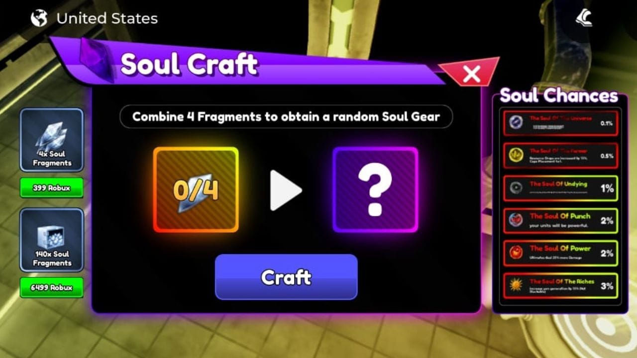 The Soul Craft menu (Image via Roblox)
