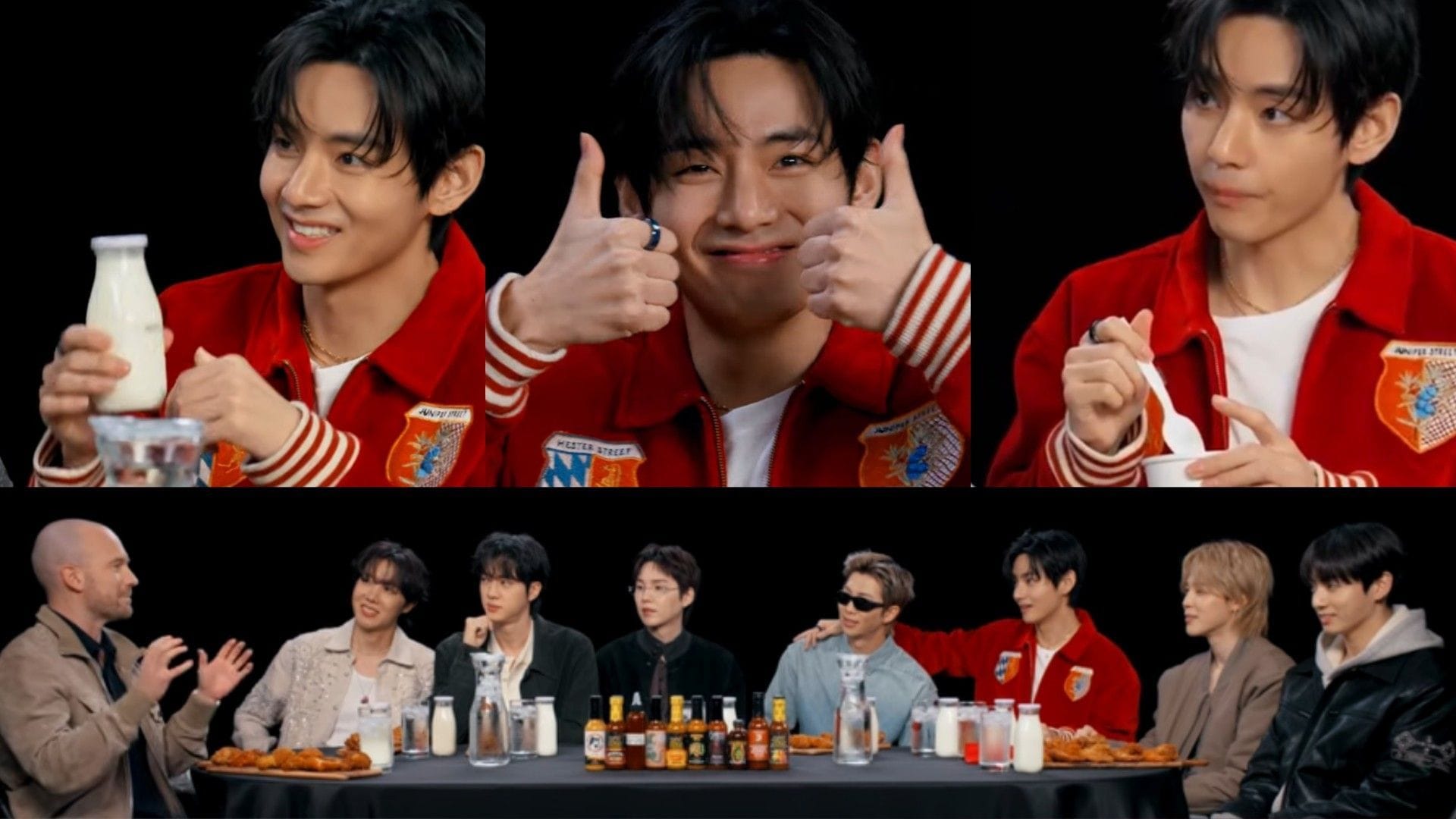 "He's too iconic for this" - Fans in stitches as Taehyung tapping out after 3 wings, turns to bottles of milk & ice cream on Hot Ones with BTS