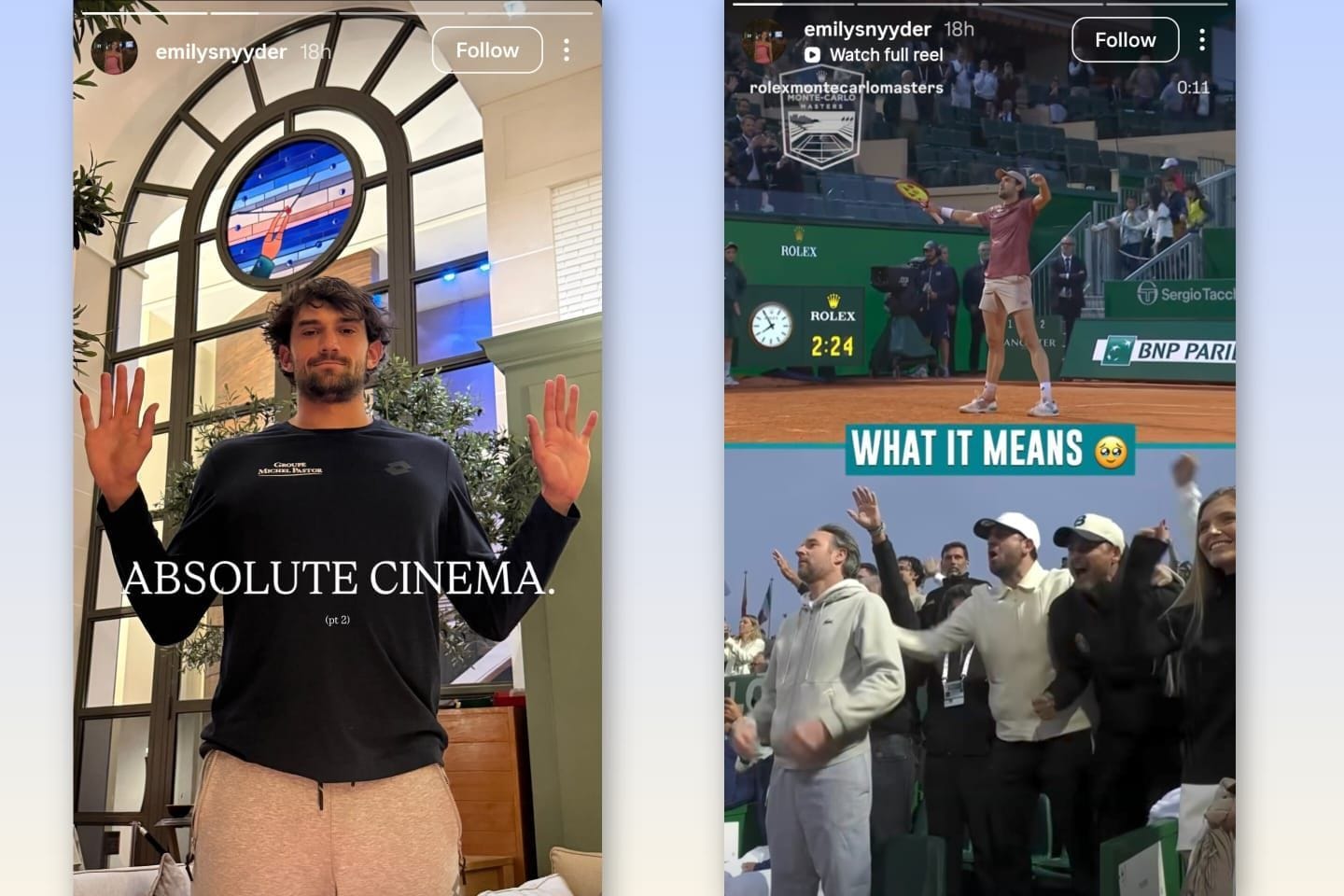 Valentin Vacherot's girlfriend Emily shares celebratory moments after quarter final victory at the Rolex Monte-Carlo Masters