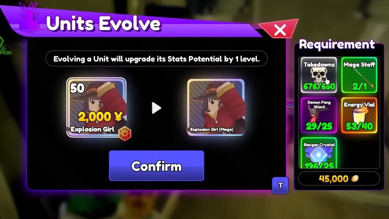 Requirements for evolving Explosion Girl (Image via Roblox)