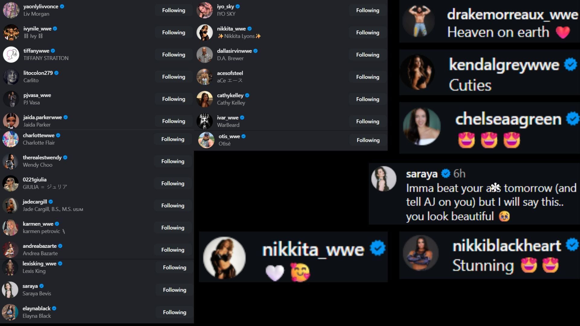 Screenshots of stars' likes and comments [Image via Instagram/@roxanne_wwe]