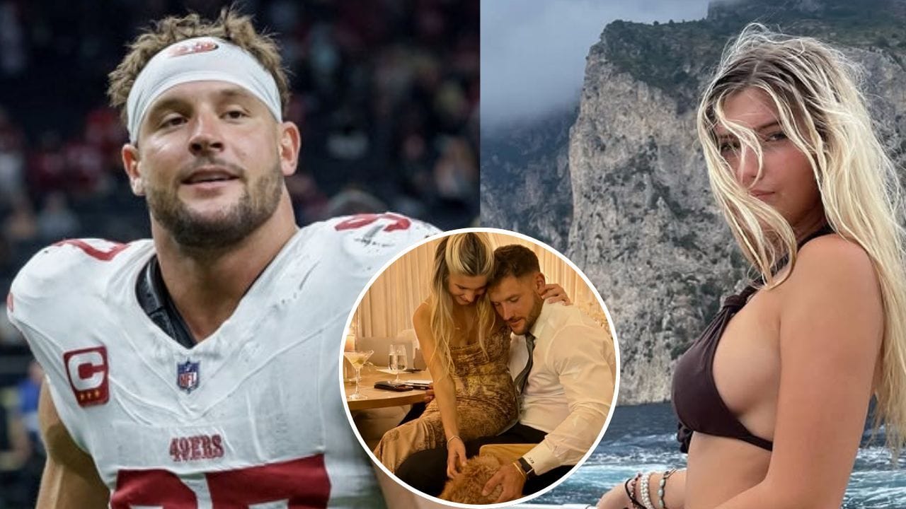 PICS: Nick Bosa's GF Ella Ailiff poses in bubblegum pink bikini with socks x stilletos on tennis court for Divinité cover