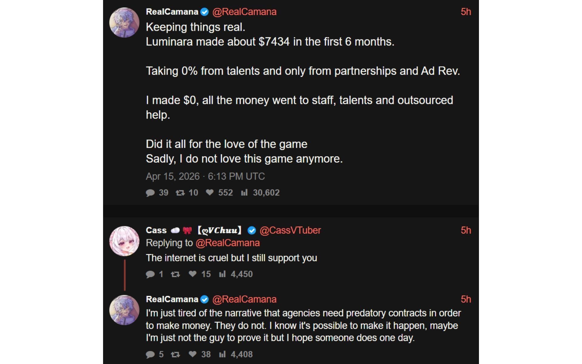 Luminara CEO Camana's X post from April 15, 2026 (Image via thevirtualasylum.com)