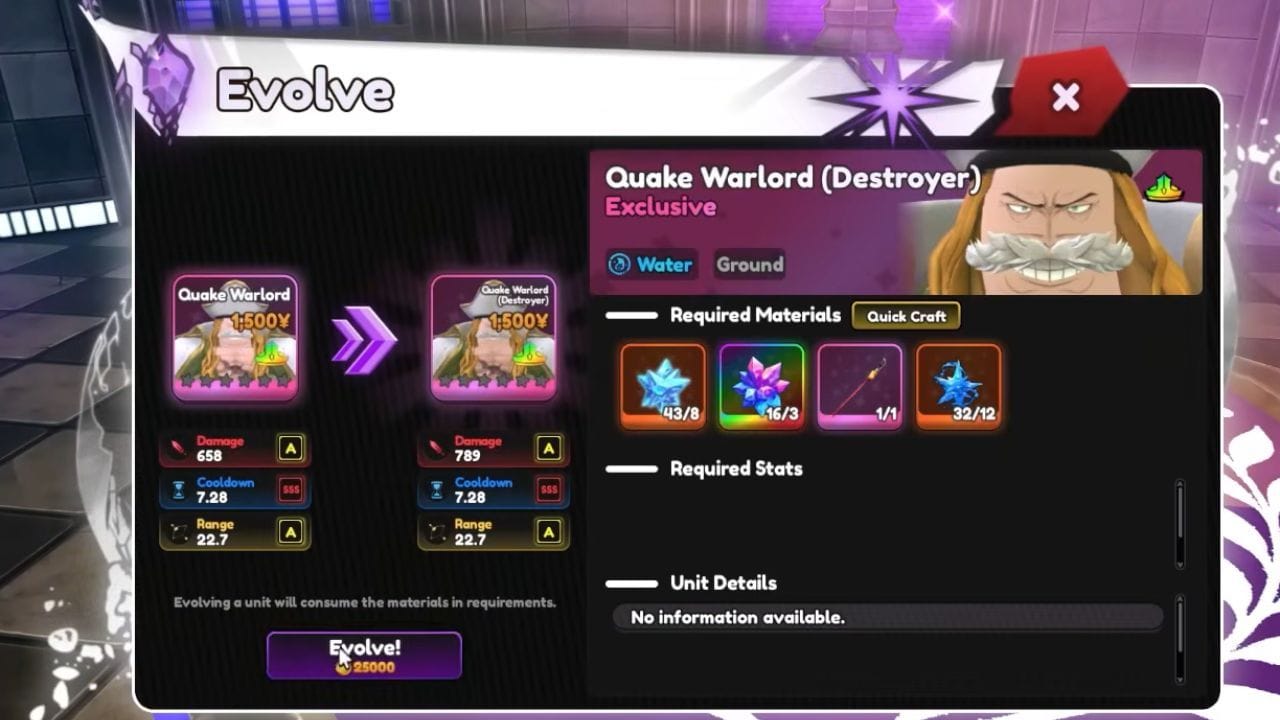 Items required for evolving Quake Warlord (Image via Roblox)