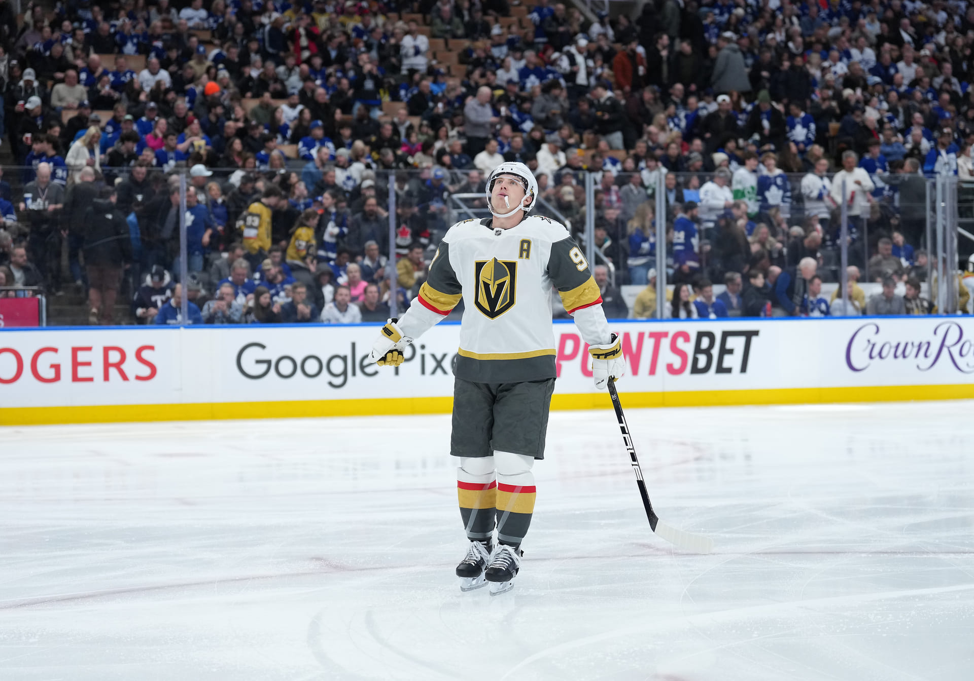 Mitch Marner skates during his return to Scotiabank Arena 
