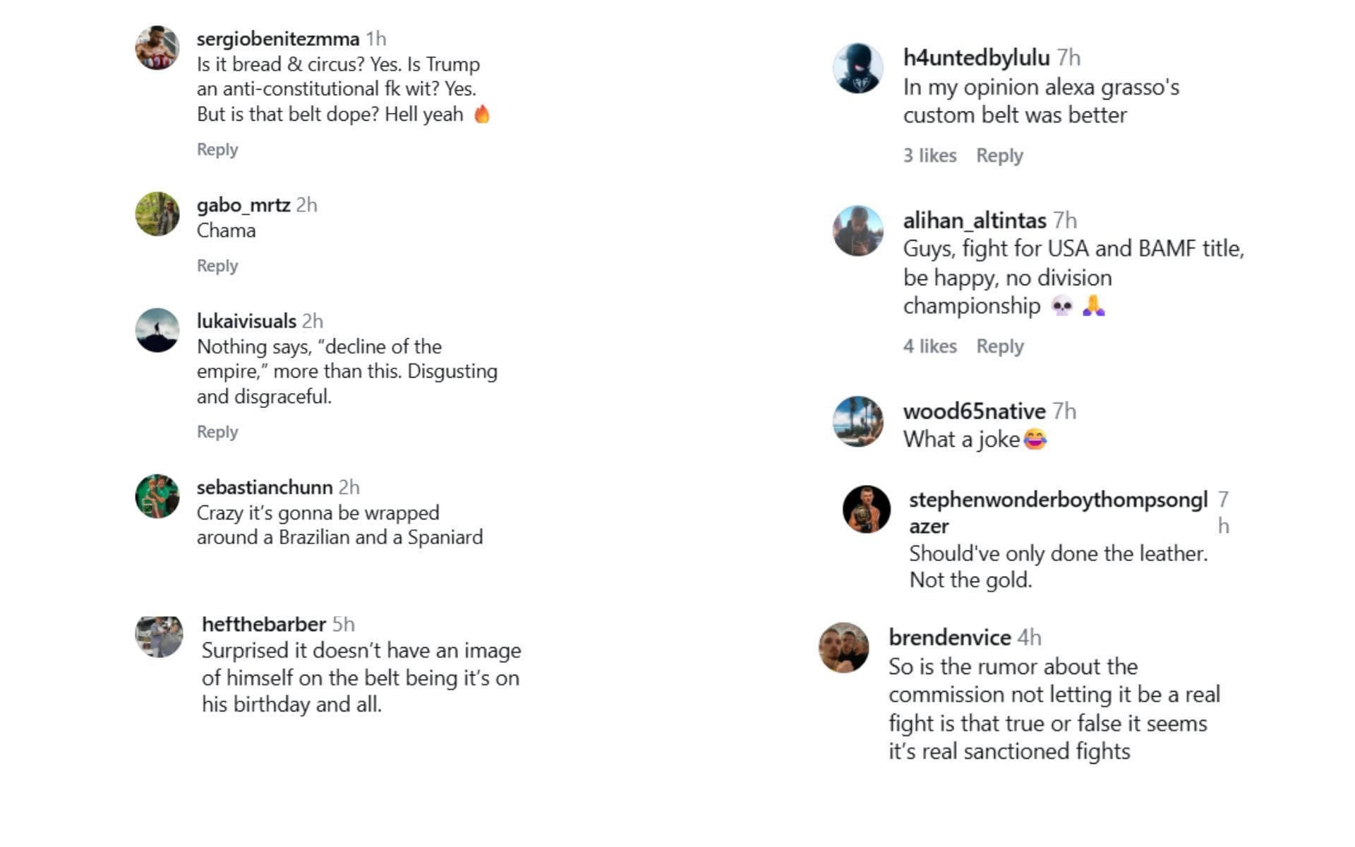 Fans react to UFC White House belt reveal. [Screenshots courtesy: @fullviolence on Instagram]