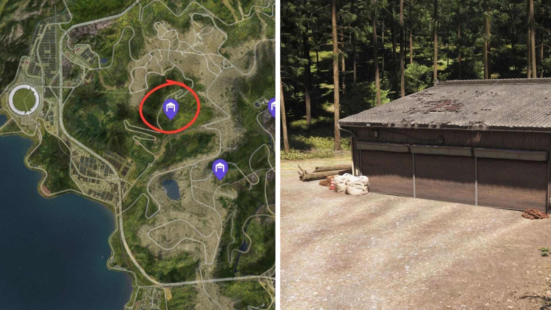 Take the Bandai Azuma Skyline road to spot the Mitsubishi Montero Evolution's barn (Image via Xbox Game Studios || Map Genie)