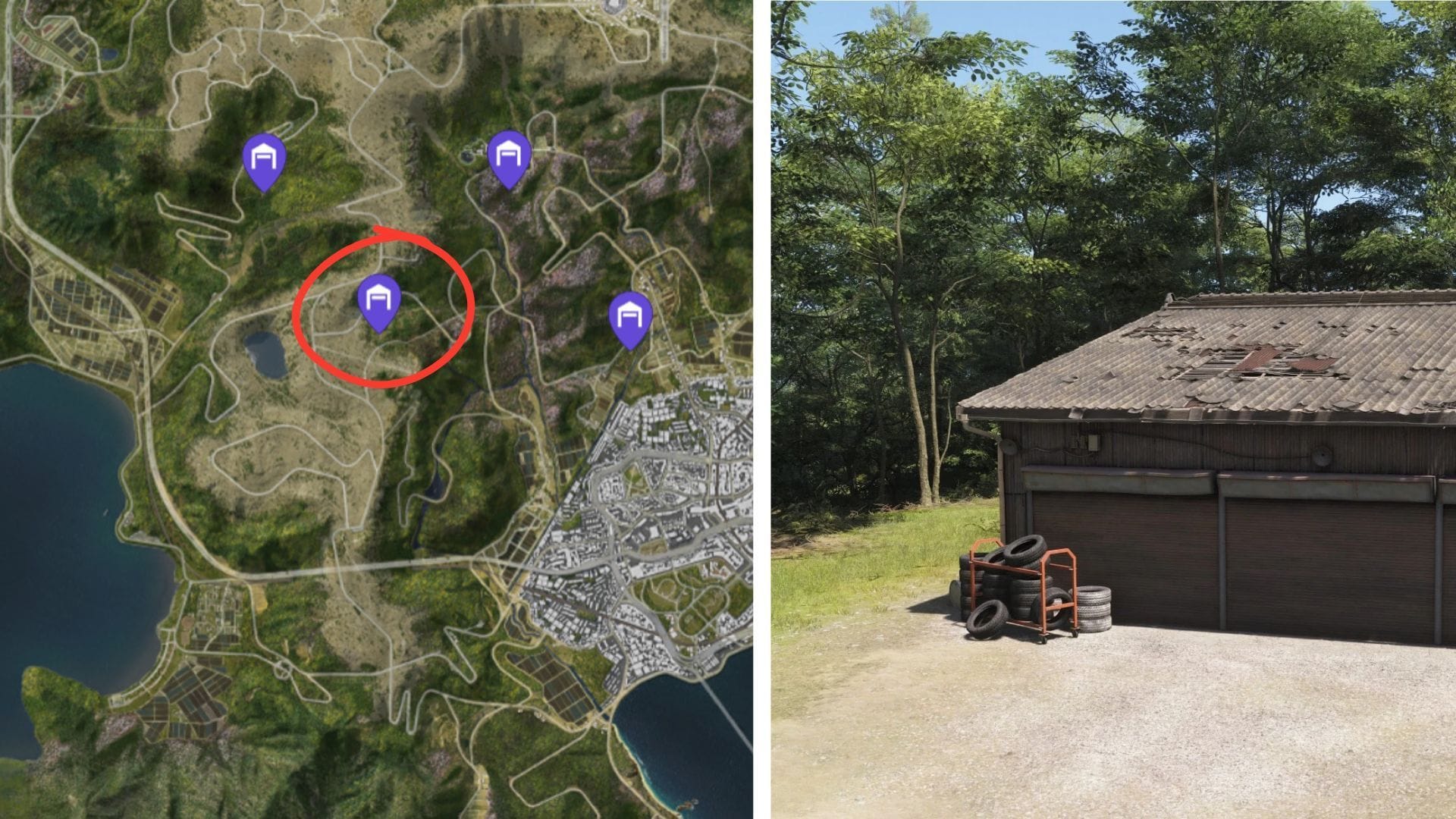 Get the Nissan R390 (GT1) inside a Barn Find close to Matsumi Great Bridge (Image via Xbox Game Studios || Map Genie)