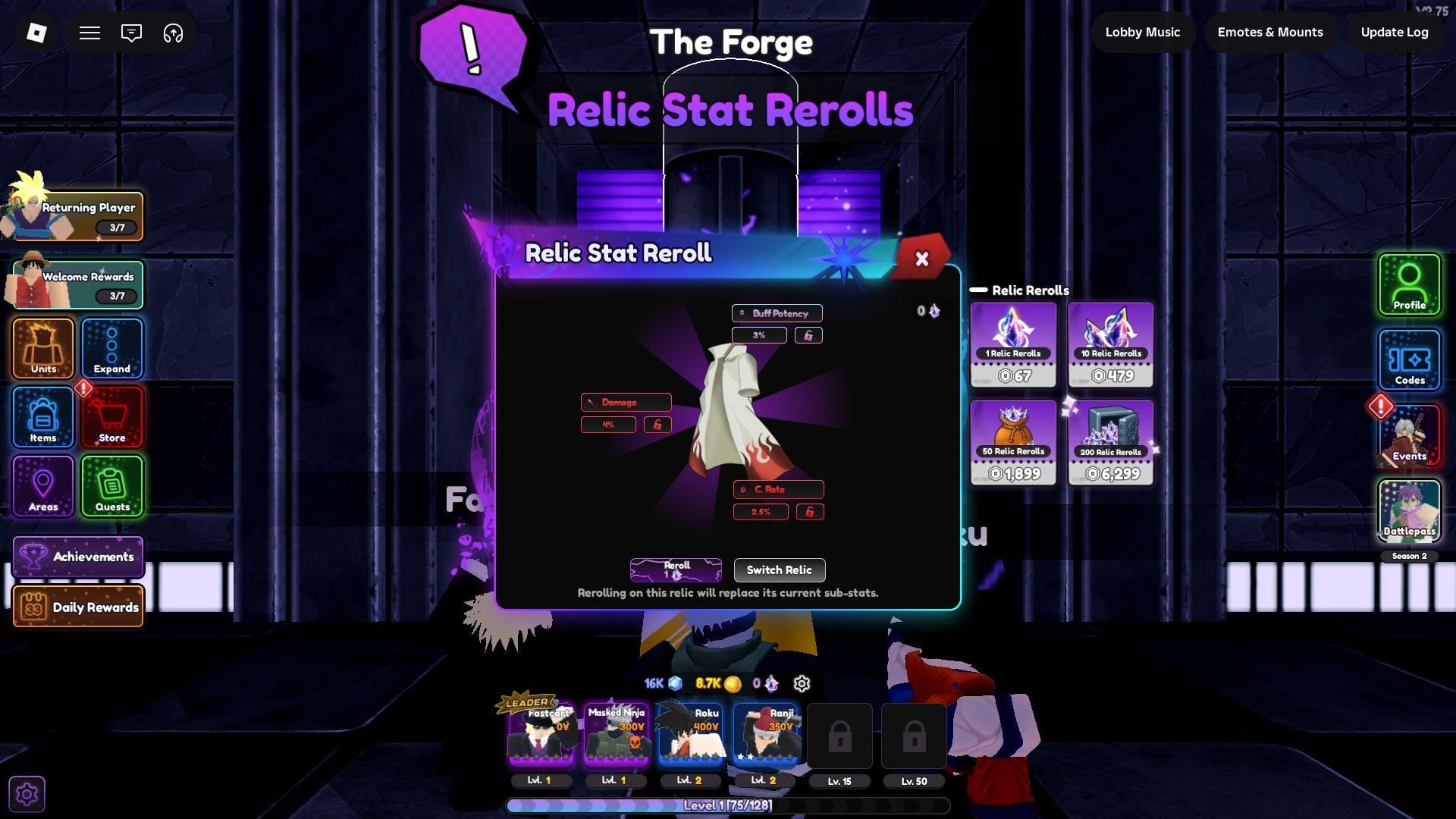 Reroll Relic stats using Relic Stat Rerolls (Image via Roblox)