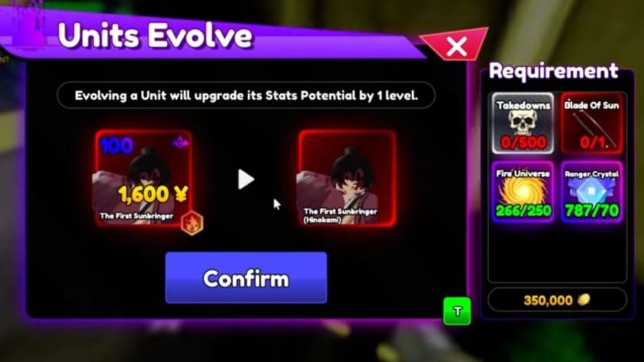 The First Sunbringer evolution requirements (Image via Roblox)