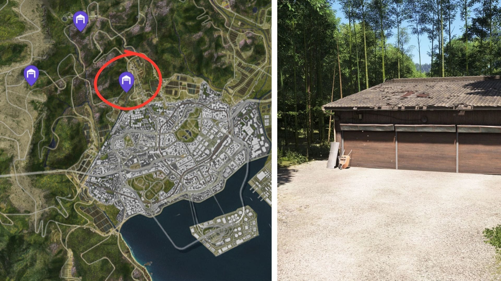 The Porsche 911 Turbo 3.3 Barn Find is to the north of Edogawa Baseball Stadium (Image via Xbox Game Studios || Map Genie)