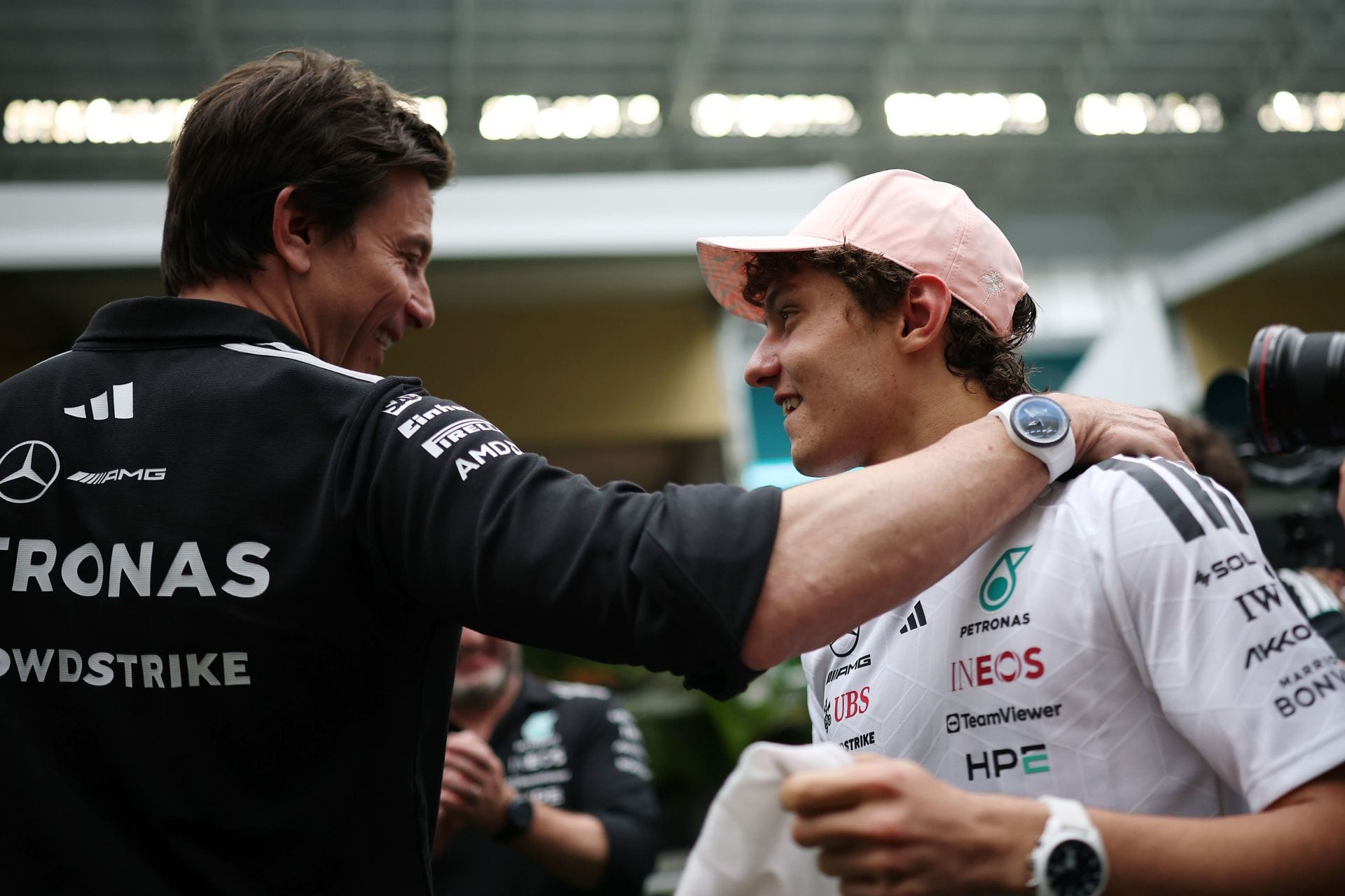 Toto Wolff and Andrea Kimi Antonelli of Mercedes AMG Petronas F1 Team. Source: Getty
