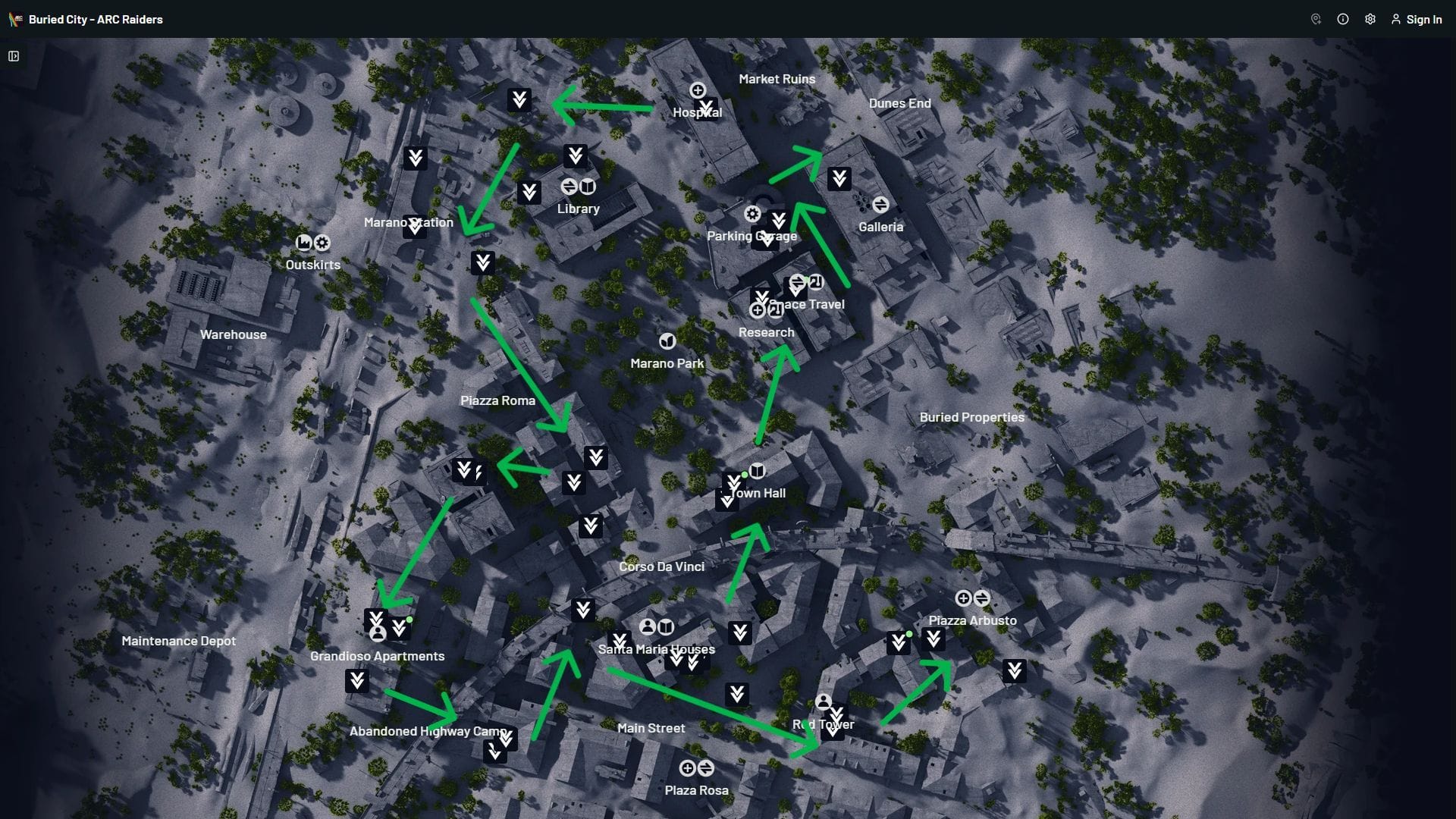 Weapon Crate locations in Buried City for Season 4 Week 5 Trials (Image via Embark Studios || arcraidersmaps.app)