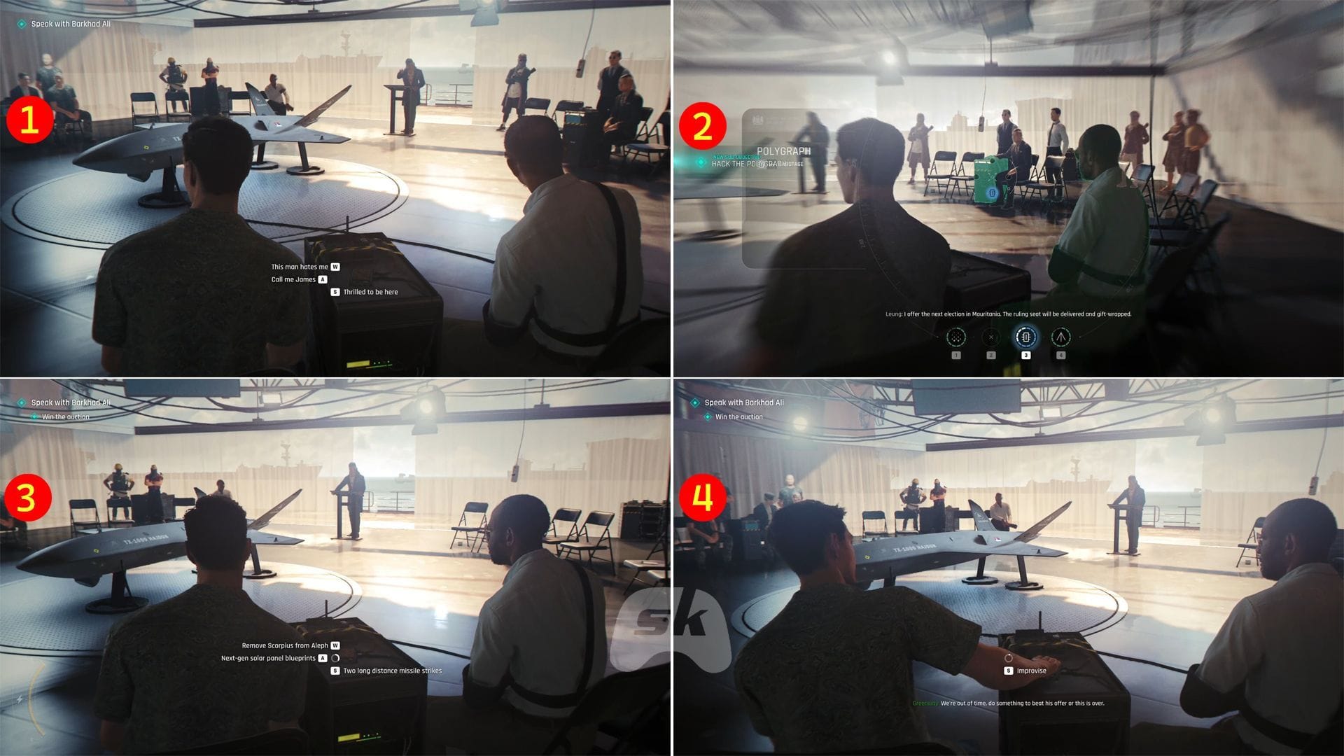 Hack the polygraph, then improvise to win the auction (Image via Sportskeeda Gaming || IO Interactive)