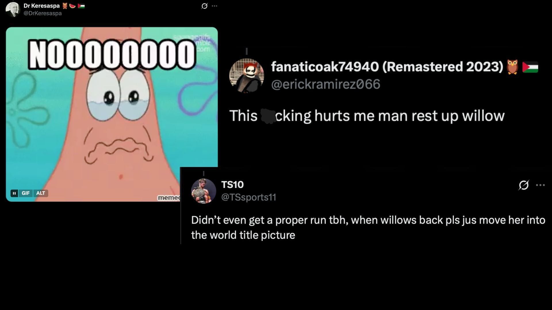 Fans react to Willow Nightingale relinquishing the TBS Championship. (Images via X/@KXNGAO) 