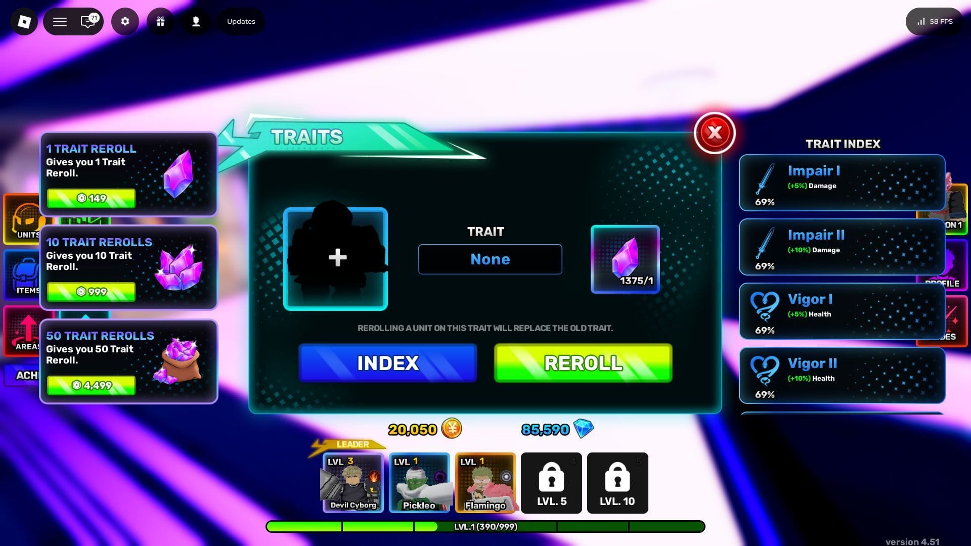 The Trait reroll screen (Image via Roblox)