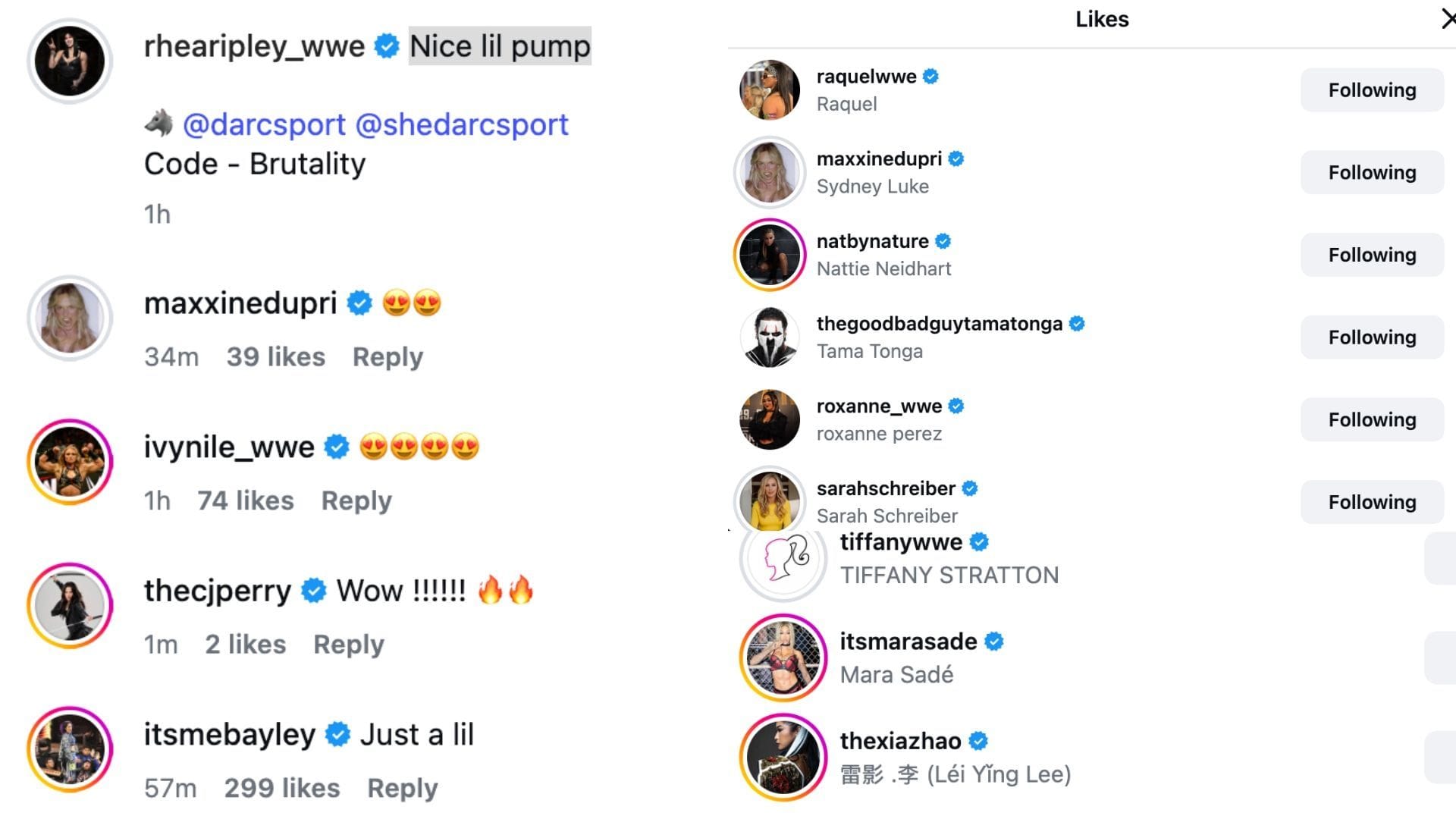 Stars reacted to Ripley's new post. (Source: Rhea Ripley on Instagram)