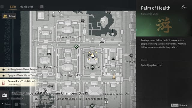 O marcador da missão Palma da Cura aparece no mapa (Imagem via NetEase)
