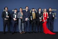 The cast of Oppenheimer, the winner of the Outstanding Performance by a Cast in a Motion Picture award, pose in the press room during the 30th Annual Screen Actors Guild Awards at Shrine Auditorium and Expo Hall on February 24, 2024, in Los Angeles, California. (Source: Getty)