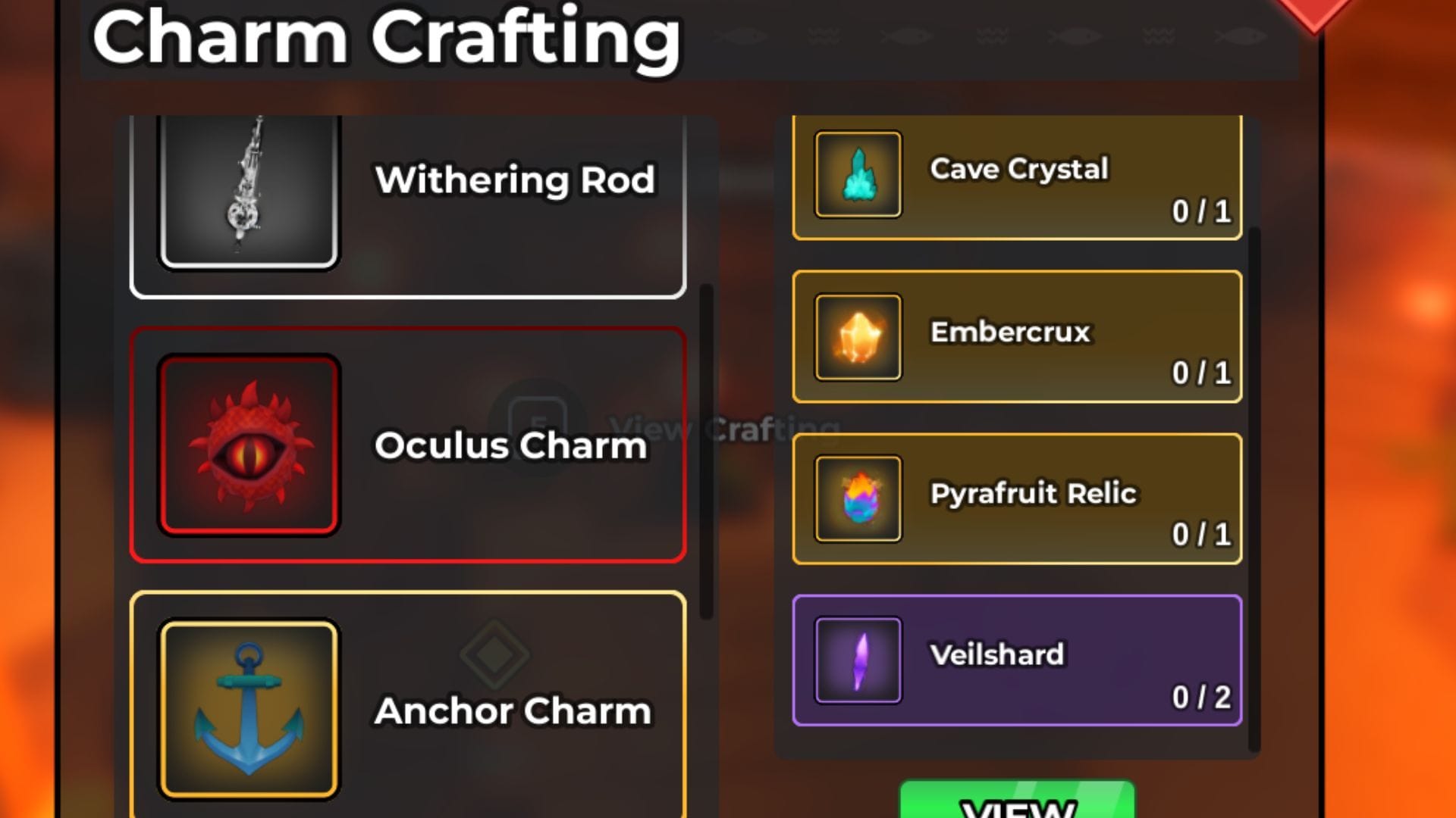 Occulus Charm in the Crafting Bench (Image via Roblox)