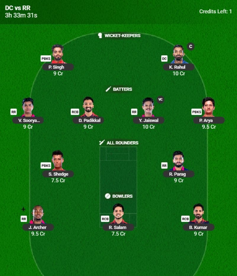 IPL 2026 Fantasy Team for Match 62 - DC vs RR - Source: fantasy.iplt20.com