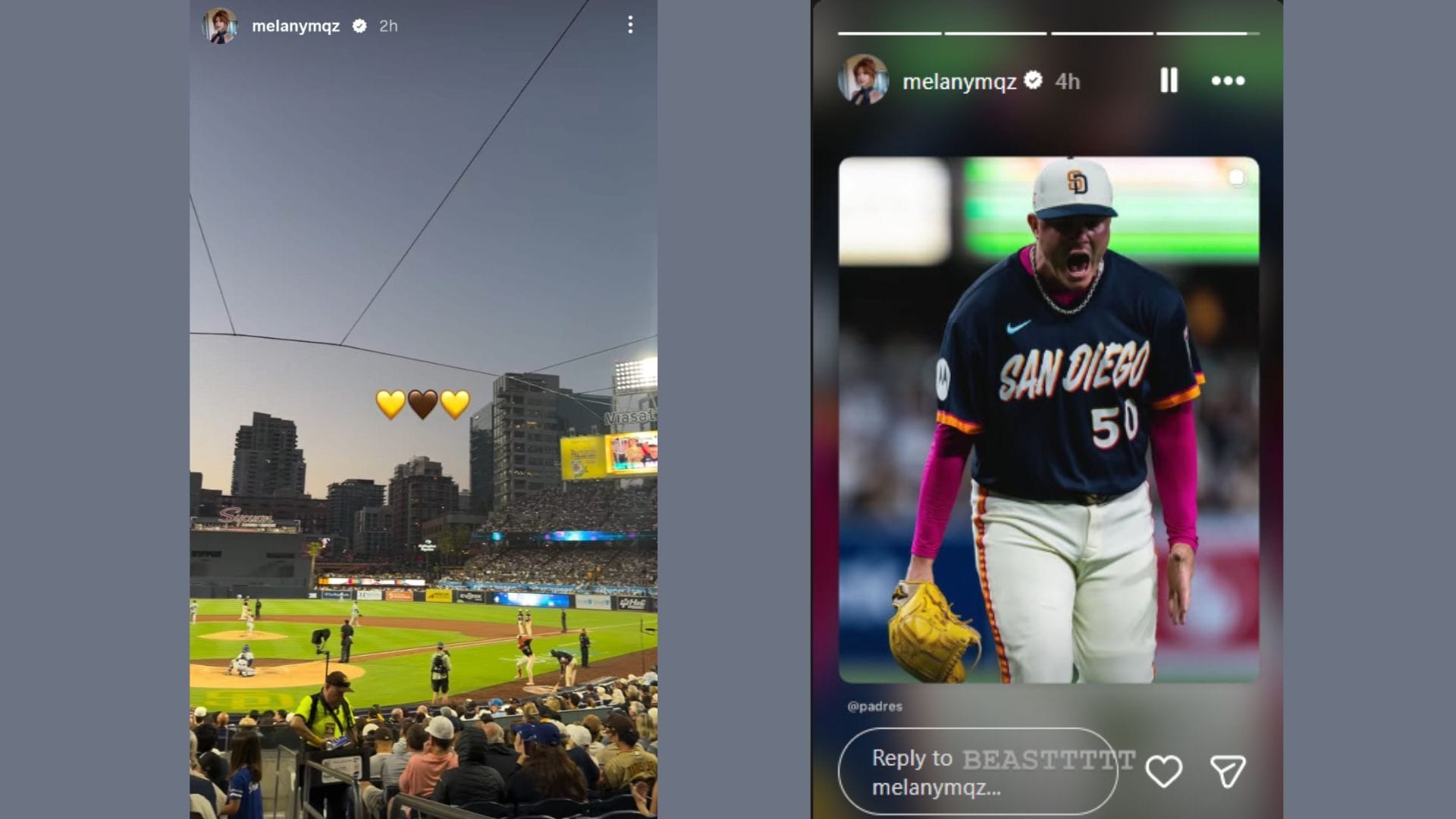 A esposa de Adrian Morejon, Melany, comemora a vitória dos Padres por 7-1 contra os Dodgers na história do IG
