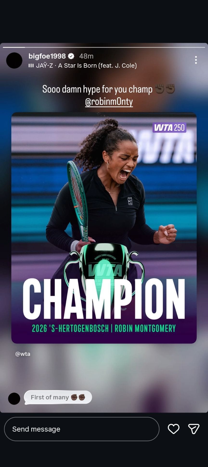 História de Frances Tiafoe no Instagram para Robin Montgomery