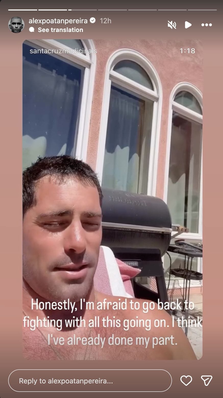 Alex Pereira postou esta história no Instagram: Fonte: Instagram