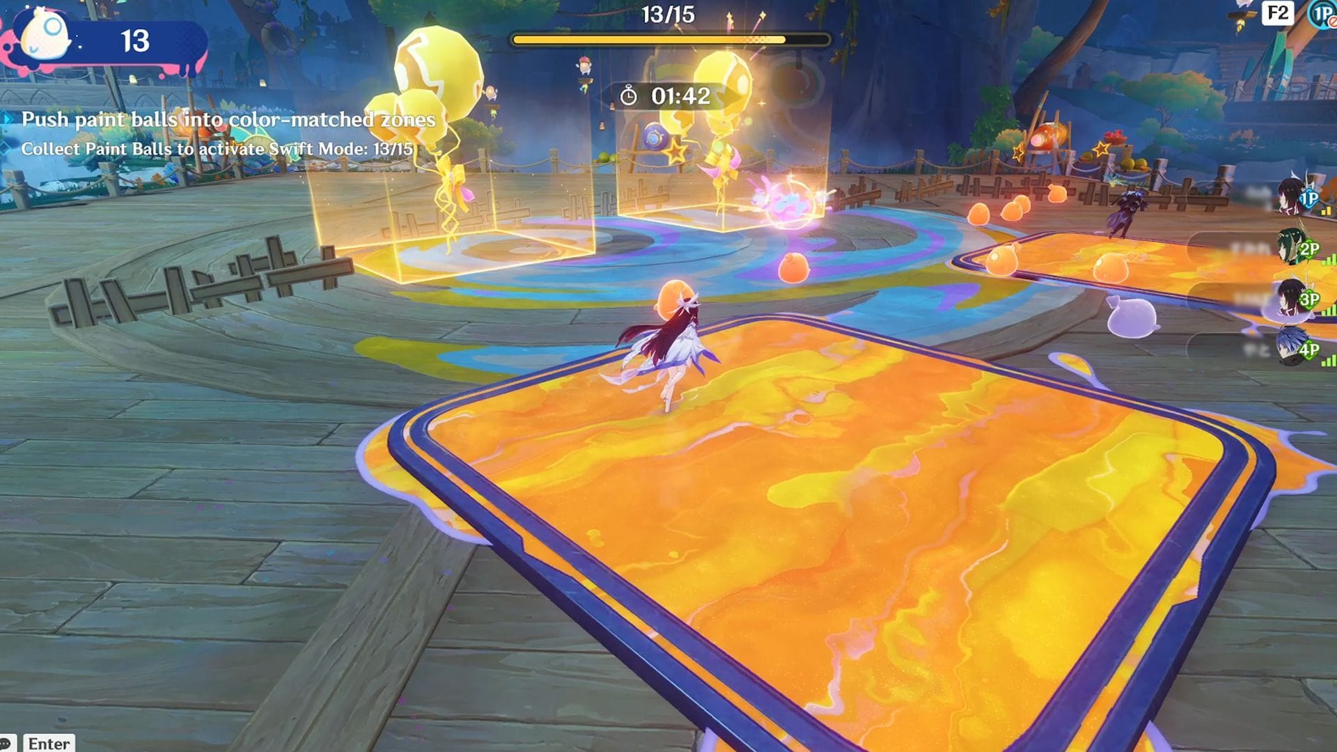 Use a mecânica do desafio para conduzir as bolas de tinta para as zonas (Imagem via Sportskeeda Gaming/HoYoverse)