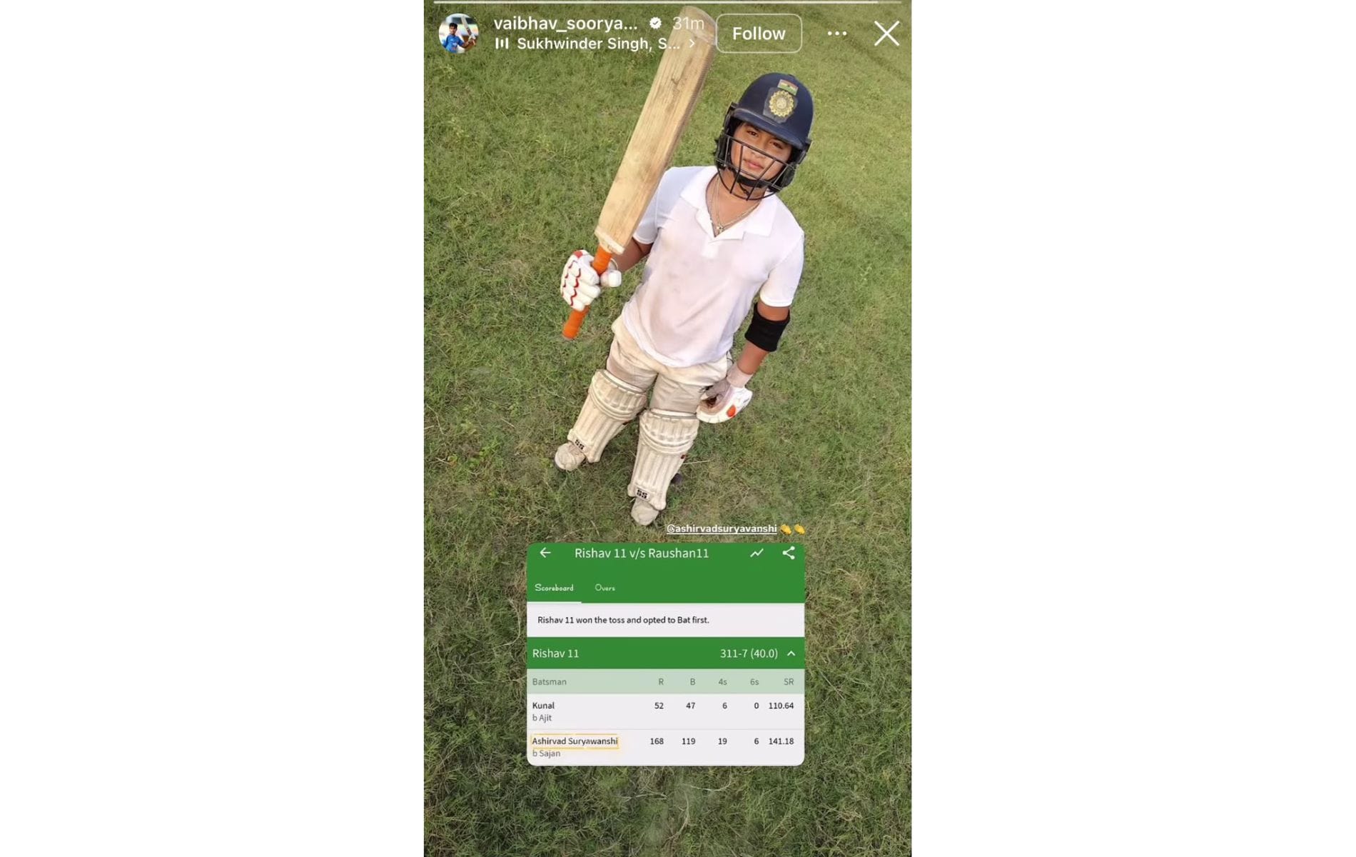 Captura de tela da história do Instagram de Vaibhav Suryavanshi. (Imagem via - @vaibhav_soryavanshi09)