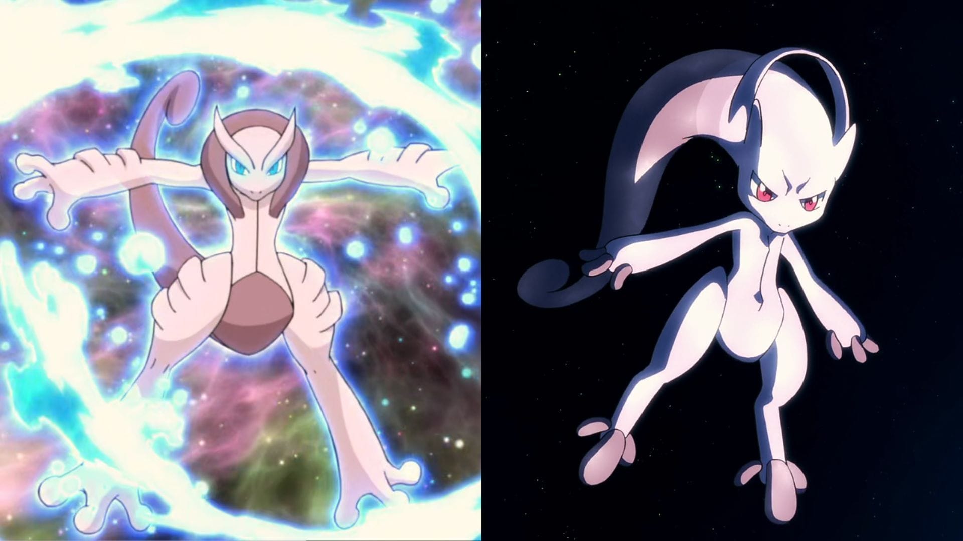 Mega Mewtwo X e Mega Mewtwo Y como vistos no anime (Imagem via The Pokémon Company)