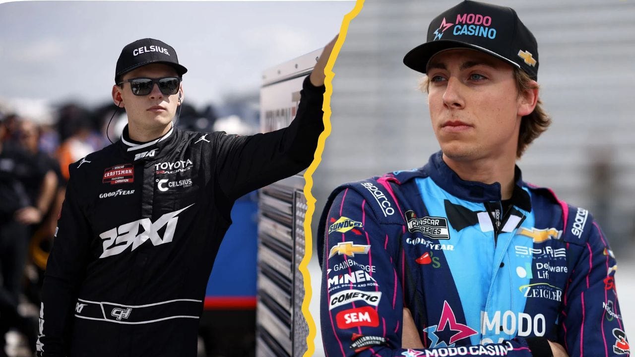 (LR) Corey Heim (#67 23XI Racing) e Carson Hocevar (#77 Spire Motorsports). Fonte: Getty.