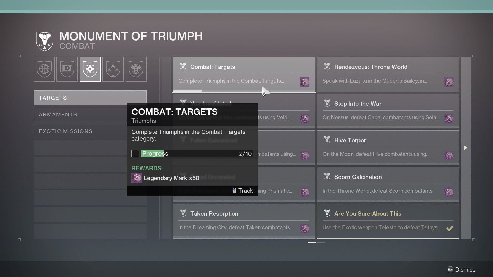 Complete quaisquer sete subcategorias no Monumento do Triunfo (Imagem via Bungie)