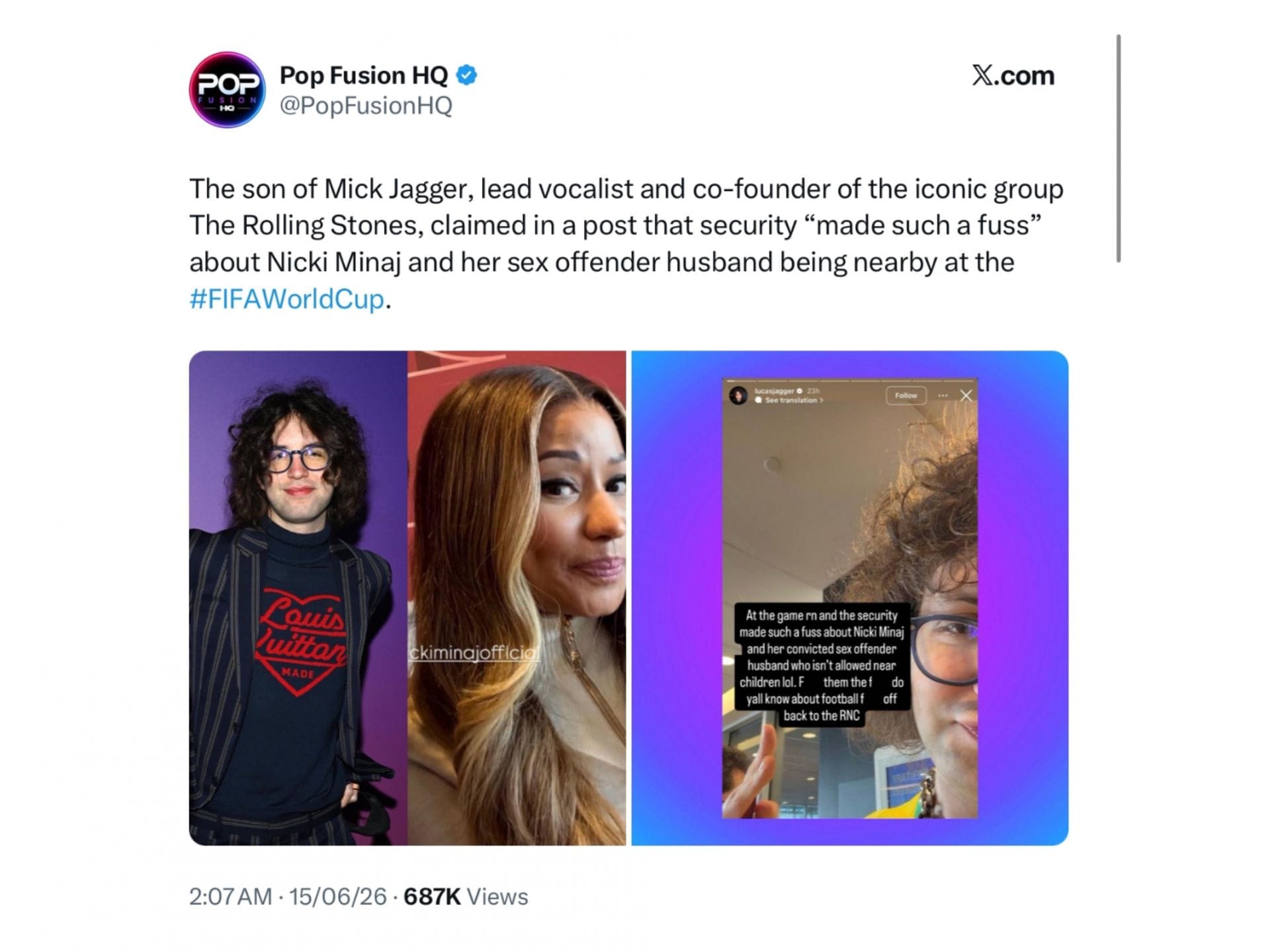 Postagem de Lucas Jagger sobre Nicki Minaj (Imagem via X/@PopFusionHQ)