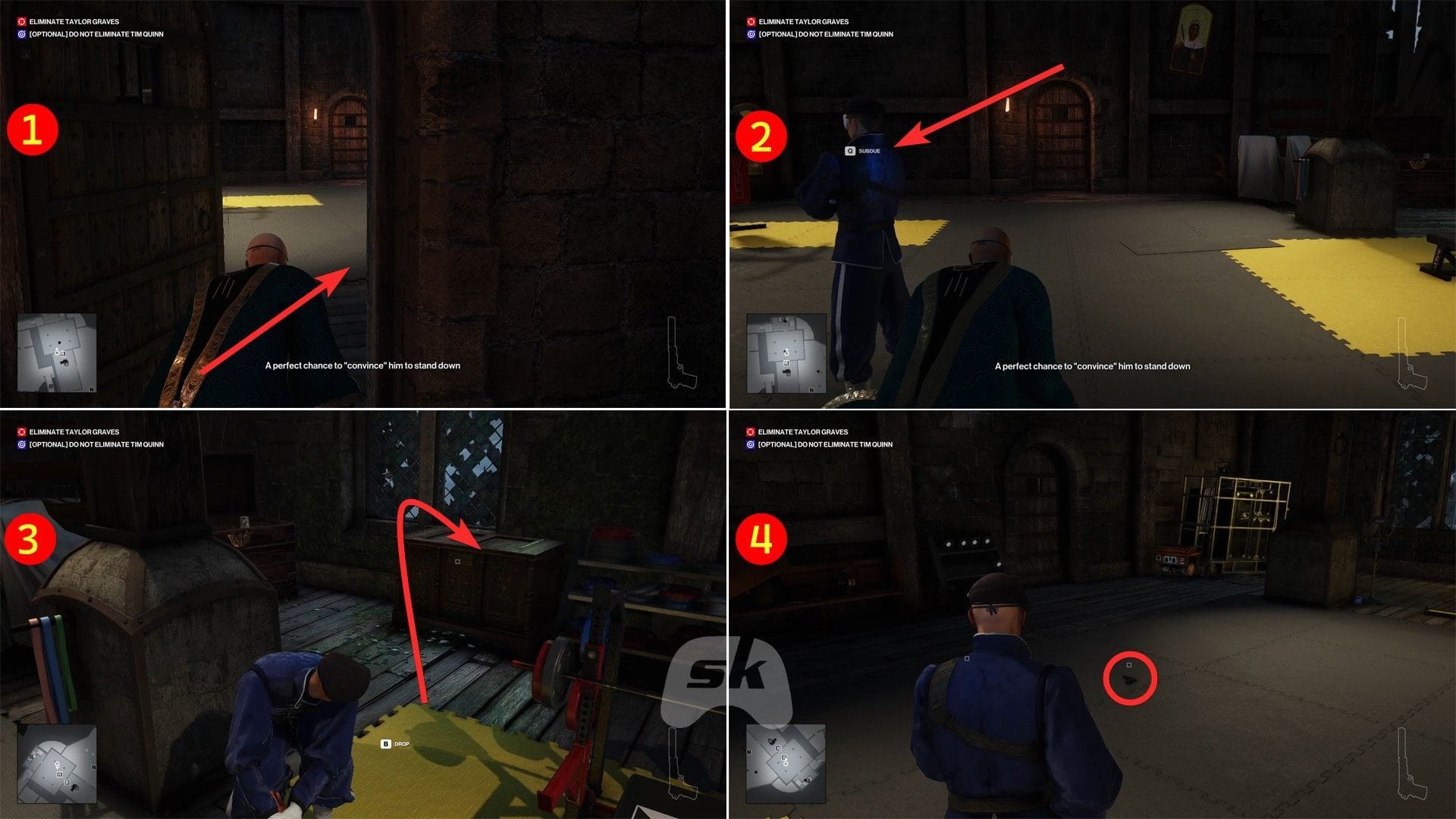 Subdue the trainer, take his disguise, hide the body, and pick up the dropped weapon (Image via Sportskeeda Gaming || IO Interactive)