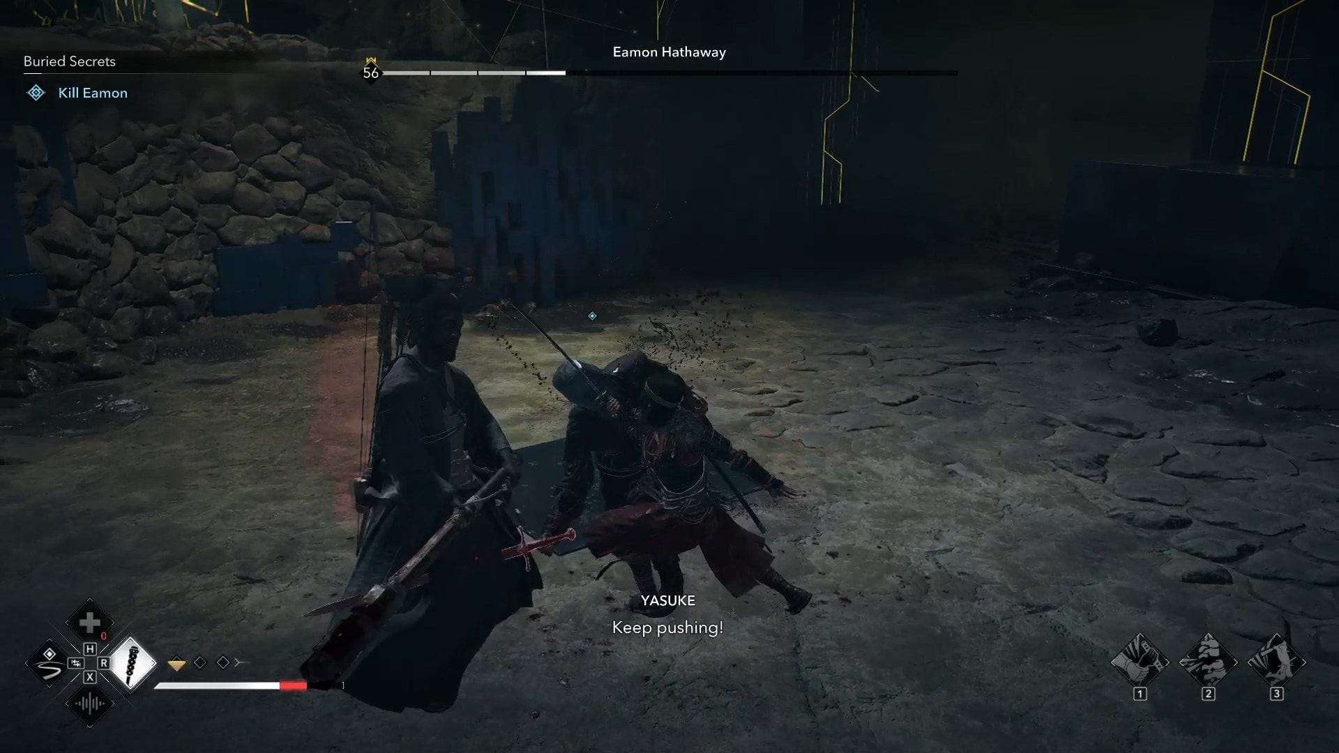 Yasuke and Naoe vs Eamon Hathaway (Image via Ubisoft)