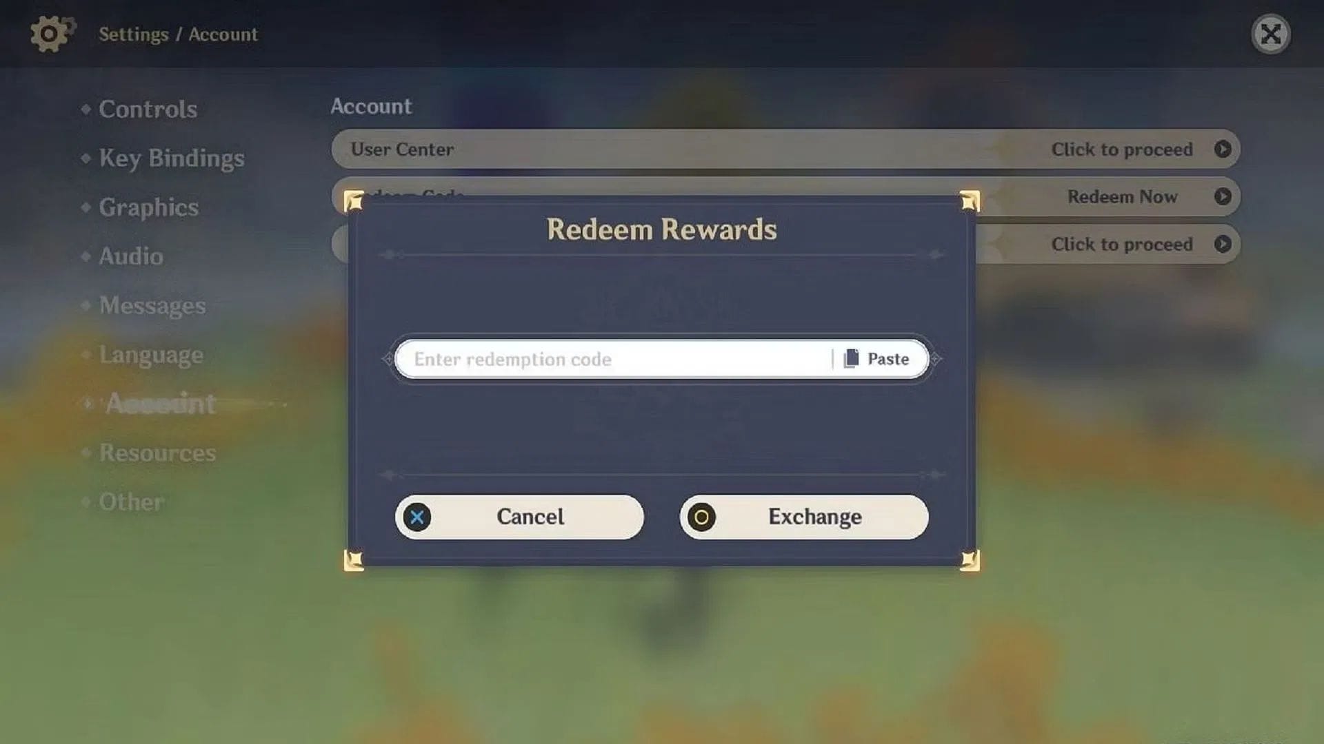Resgatar códigos nas configurações do jogo (imagem via HoYoverse)