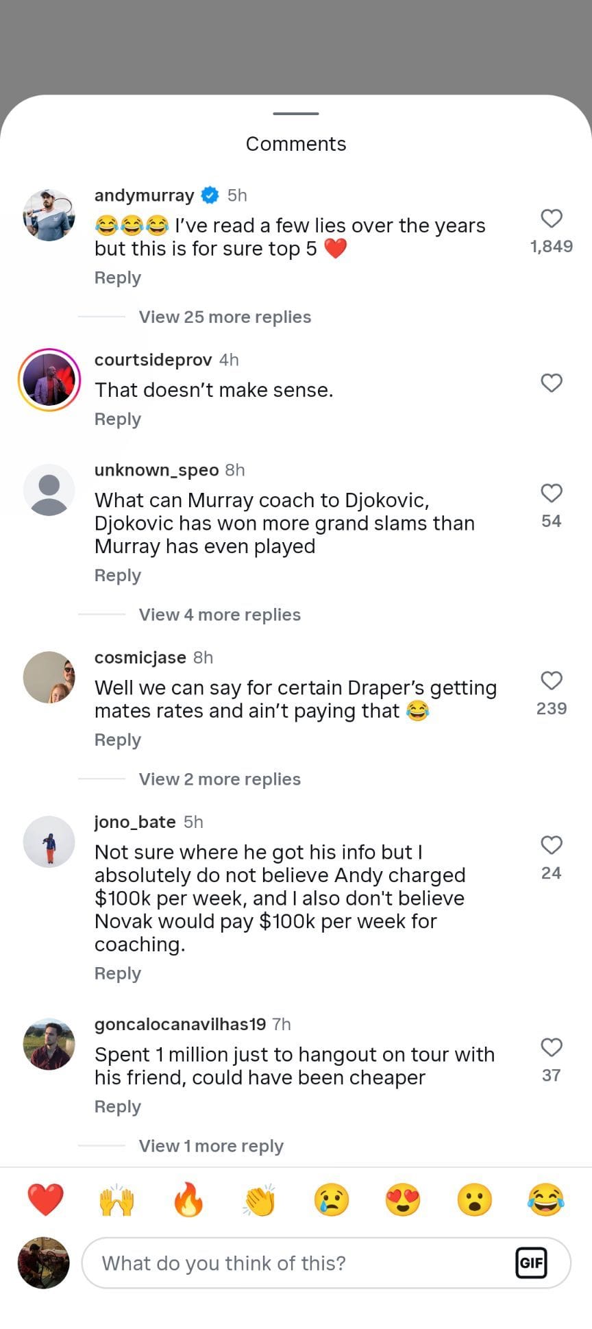 Comentário de Murray (Fonte: Instagram/tennisforever)